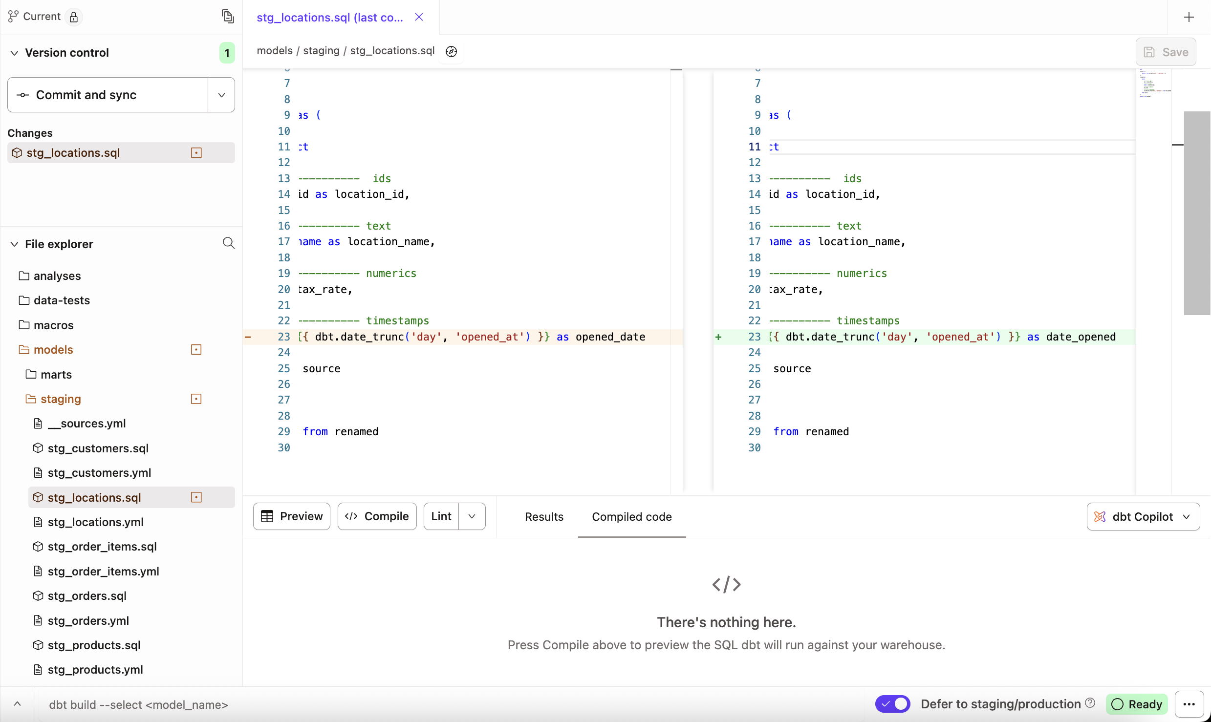 The Git Diff View displays the previous version on the left and the changes made on the right of the Editor The Git Diff View displays the previous version on the left and the changes made on the right of the Editor